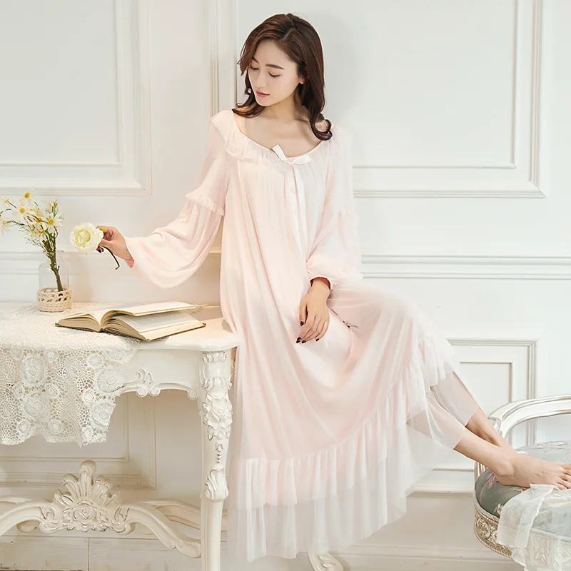 

Women Nightgown Modal Female Lace Sexy Sleepwear Retro Long-sleeved Nightgown Casual Daily Sweet Girl Princess Palace Style