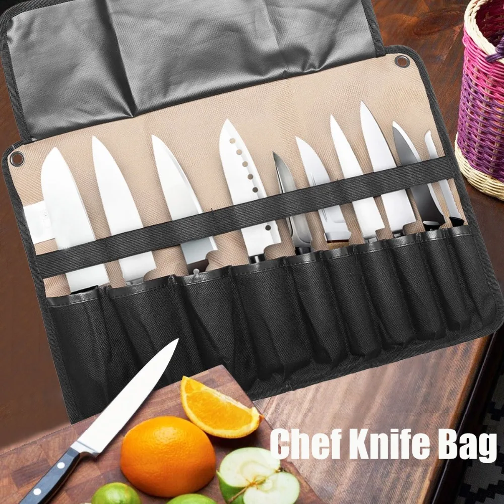 New Coffee 10 Pockets Portable Chef Knife Bag Roll Bag Carry Case Bag Kitchen Cooking Tool Portable Storage Bag Home Garden