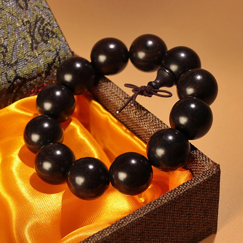 12-20mm Black Natural African Ebony Beaded Buddha Elastic Bracelet Mala Rosary Classical Wind Energy Hand String Couples Jewelry