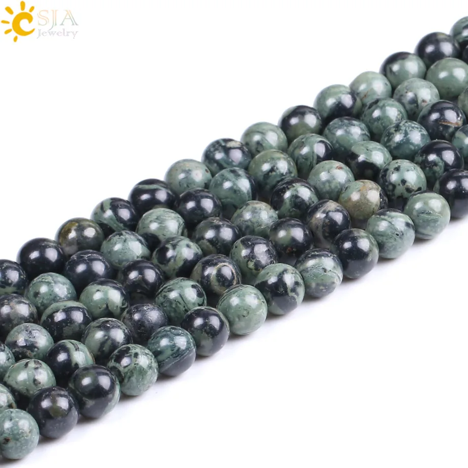 CSJA Kambaba Jaspers Beads Natural Green Round Mala Gem Stone Bead for DIY Fashion Pendant Necklace Bracelet Jewelry Making F242