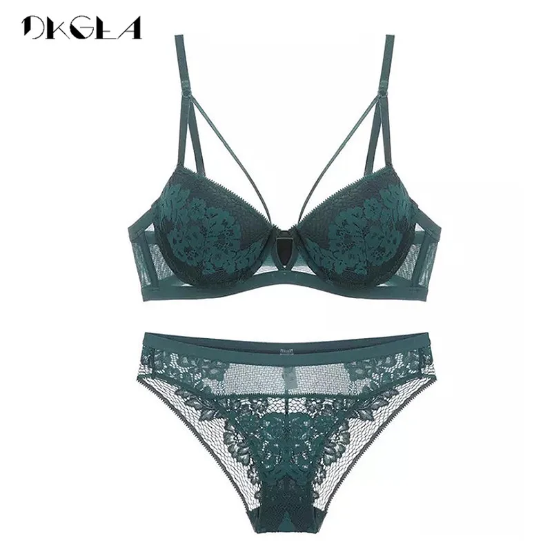 2020 New Bandage Green Lace Bra Set Women Lingerie Embroidery Thick Push Up Brassiere Cotton Underwear Set Sexy Bras Gather