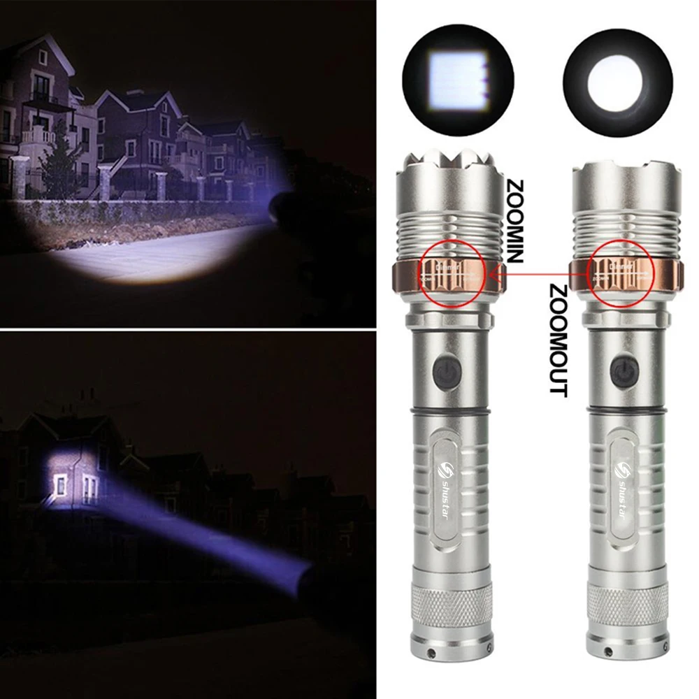 Powerful LED Flashlight With Attack head Self-defense Torch Support zoom 5 lighting modes Powered by 18650 battery with compass