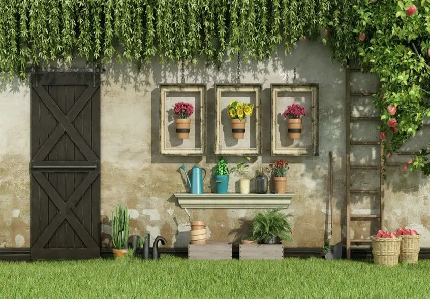 Garden Potted Flowers Framed Wooden Door Plant Flower backyard background   Computer print wall backdrop