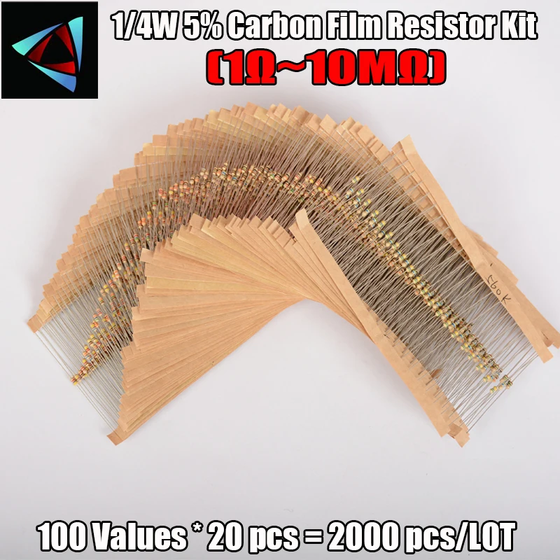 

2000Pcs/LOT 1/4W 5% 1R-10M Ohm 100Valuesx20Pcs Carbon Film Resistor Kit/Assortment/Pack/Mix/Box