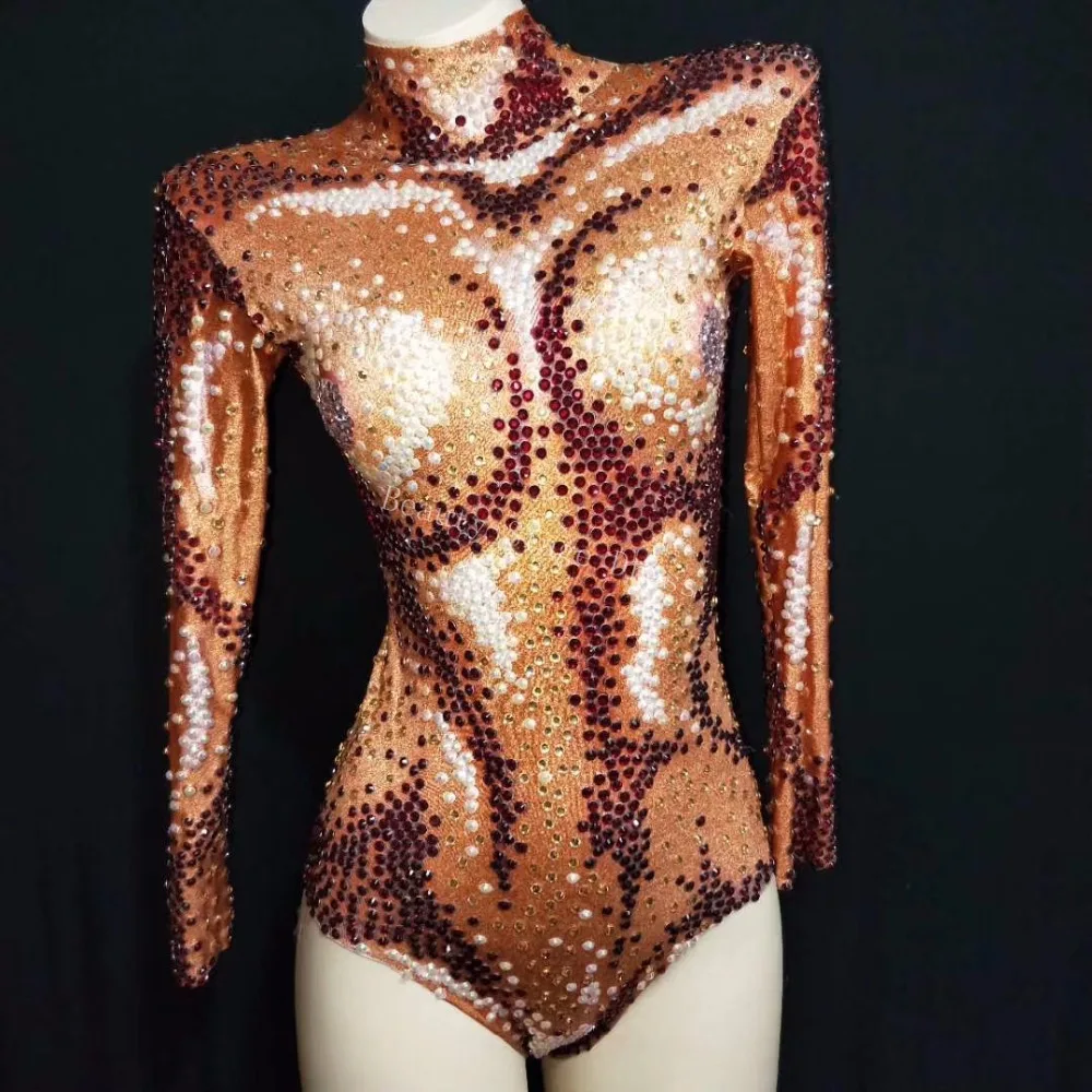 Gemerlapan AB Manik-manik Orange Bodysuit Seksi Besar Stretch Pakaian Klub Malam Bersinar Rhinestones Ds Kostum Penyanyi Leotard Dansa