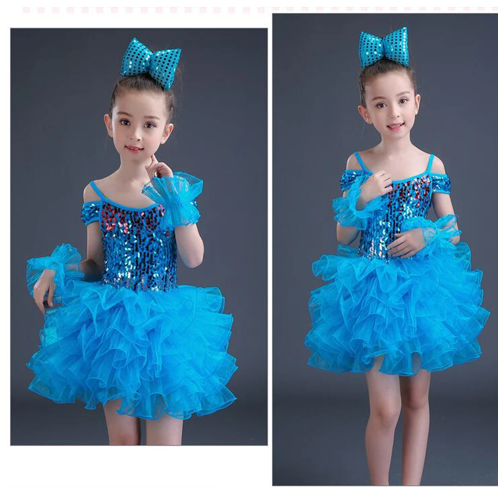 4 Colors Girl Princess dance wear Dress Ballroom Party Sequined Choir Performance clothes Thick Disorderly Yarn Dancing Outfits