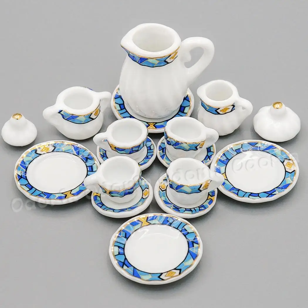 Odoria 1:12 Miniature 15PCS Porcelain Tea Cup Set Mediterranean Blue Golden Trim Teaware Kitchen Dollhouse Accessories Decor