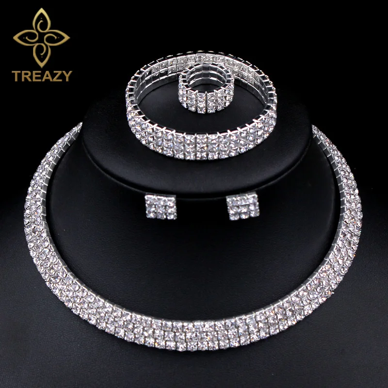 TREAZY Classic 3 Row Rhinestones Crystal Silver Color Necklace Earrings Bracelet Ring Bridal Wedding Jewelry African Jewelry Set