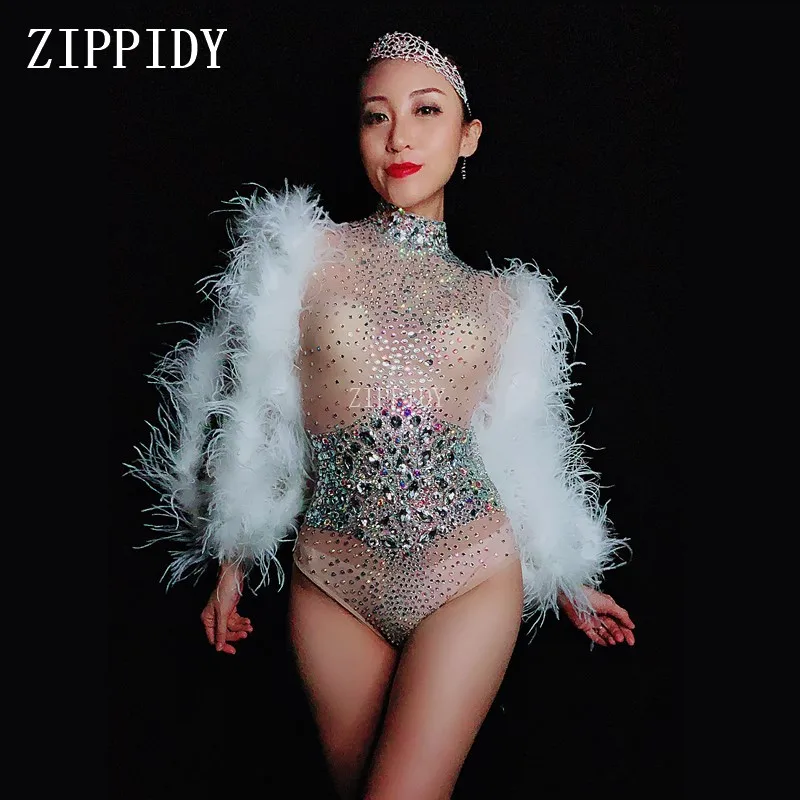 

Bright Rhinestones Feather See Through Bodysuit Women's Birthday Party Mesh Bodysuit Nightclub Women Singer Dance Outfit Costume