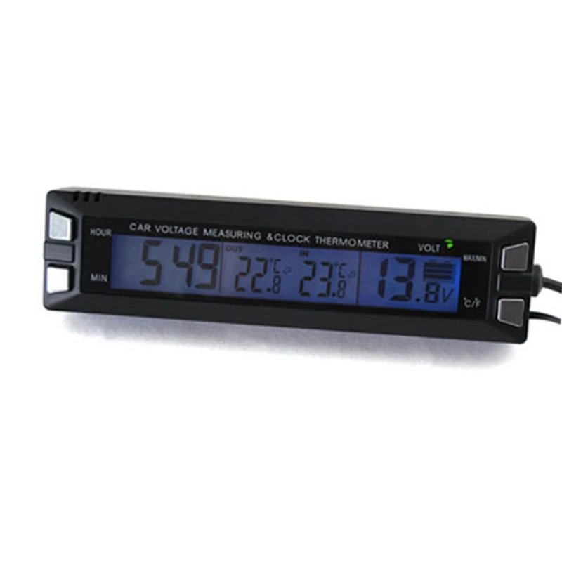 12V 24V Car Thermometer LCD Digital Indoor Outdoor Vehicle Voltage Monitor Clock Car Temperature Meter Voltmeter Cable Sensor