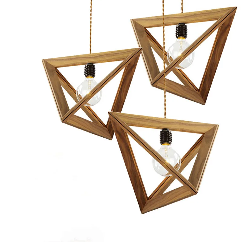 

Triangle Wooden Frame pendant light American Village Geometric Solid Wood lamp Garment Shop Creative Creative Wooden Light