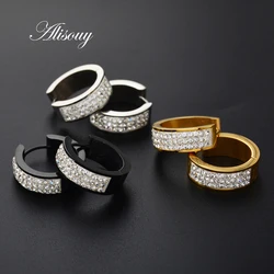 Alisouy 2pcs Punk Men Women Stainless Steel Hoop Earrings Crystal CZ Gold Color Round Huggie Earrings Men aros acero quirurgico