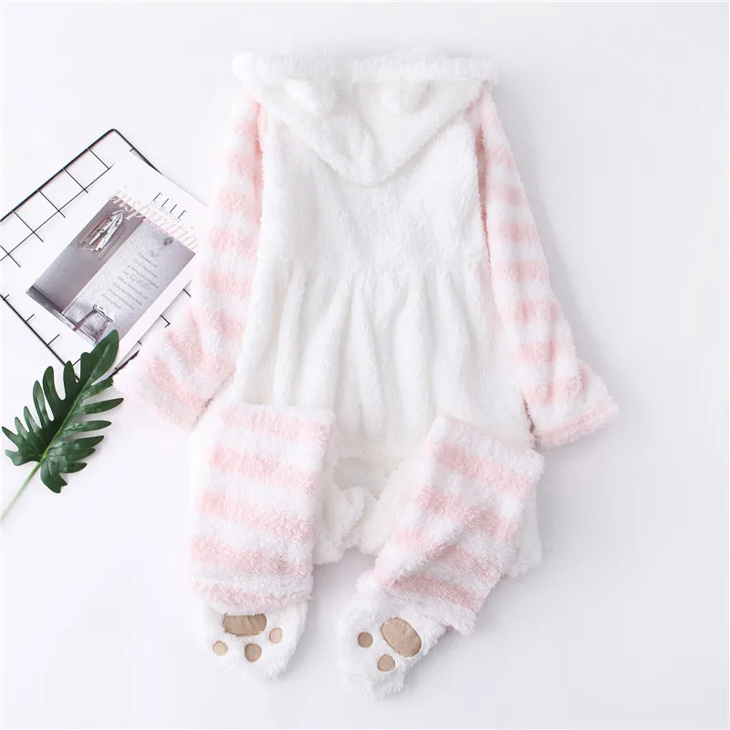 Japanese Winter Women Onesie Pajamas Kawaii Cat Lovely Ear Long Sleeve Pink One-Piece Sleepwear Female Casual Cute Homewear Girl