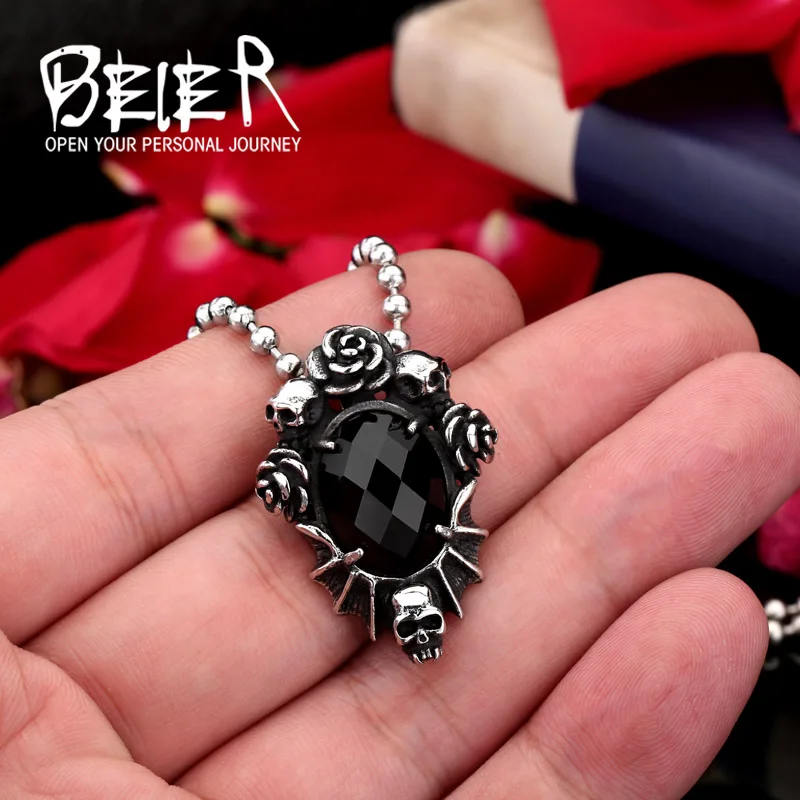 BEIER New store Fashion Men\' Jewelry Wholesale Steel Skull Flower Necklace Pendant With Black Stone gift chain BP8-123