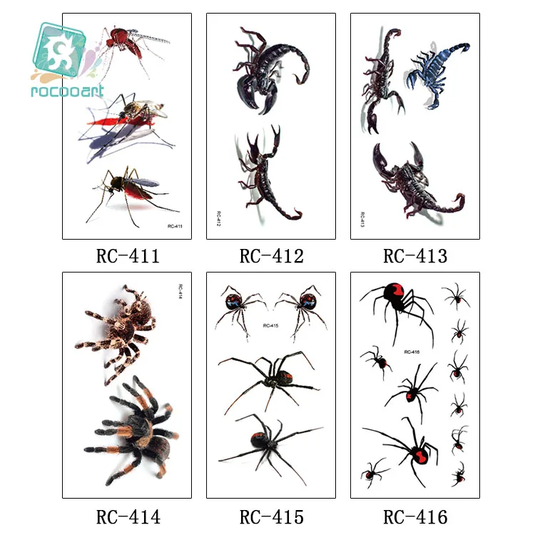 Rocooart-tatuaje de araña 3D, pegatinas temporales de escorpión para Halloween, Tatuajes falsos, arte corporal, Tatuajes de broma, Tatuajes temporales