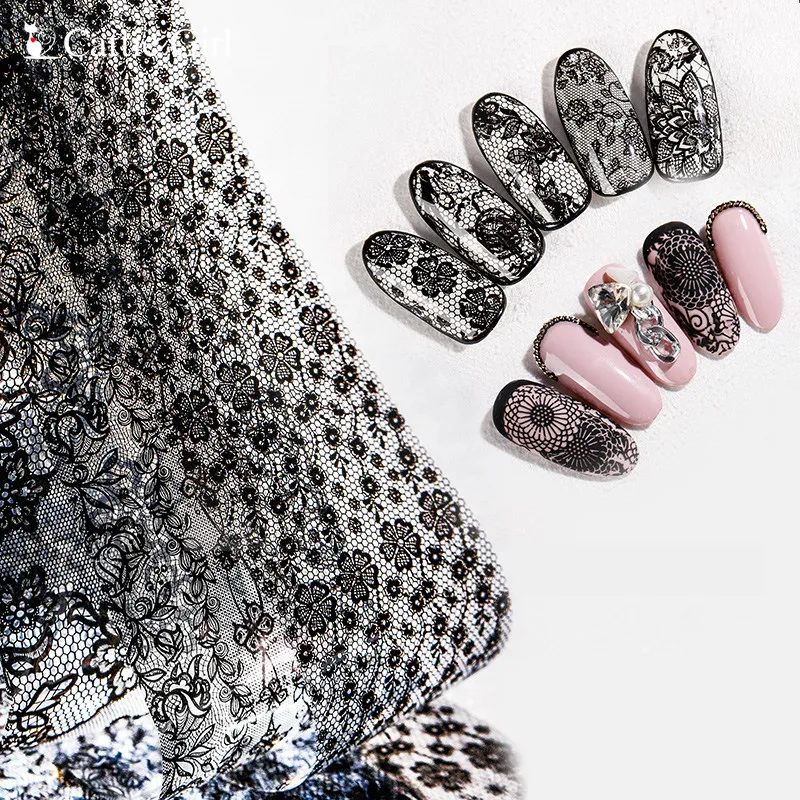 Autocollants pour ongles en dentelle Rose, noir et blanc, feuille de transfert, motif de fleurs noires, Art de manucure et de pédicure