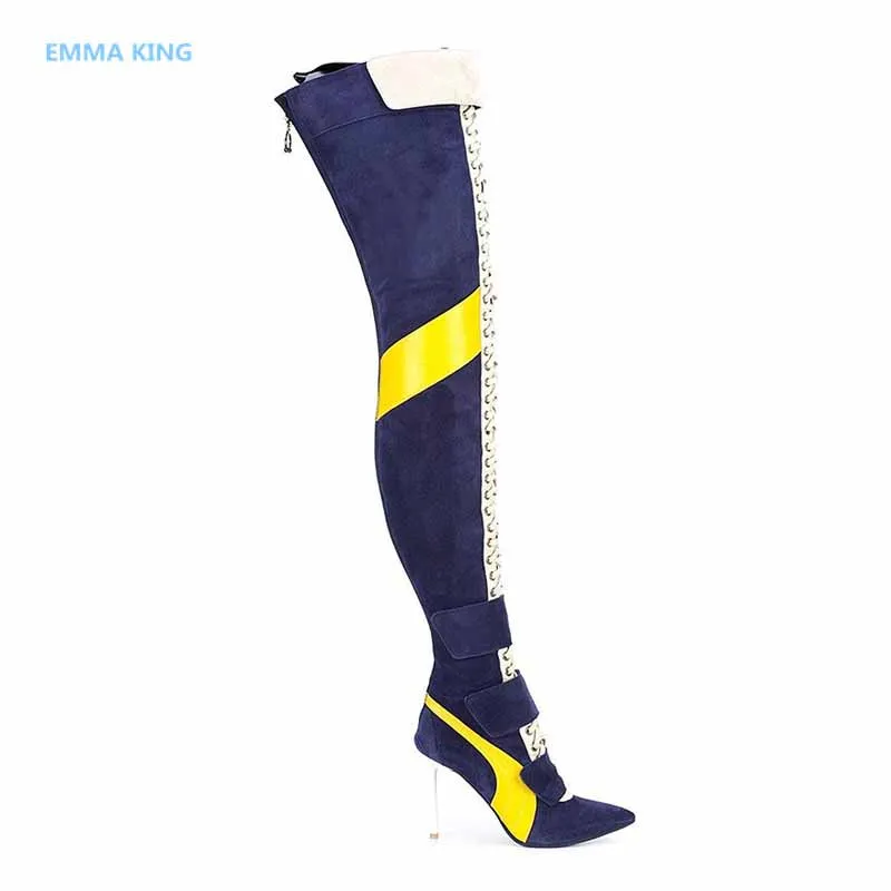 New Arrival Blue Patchwork Thigh High Boots Women Pointy Toe High Heels Lace Up Boot Largas Sexy Woman Over The Knee Knight Boot