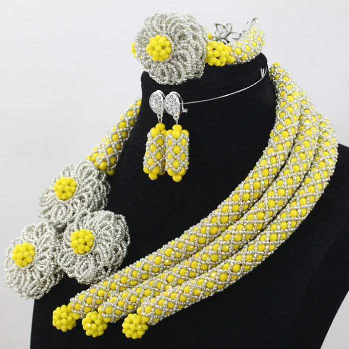 2017 Christmas Gift Jewelry for Women Yellow and Silver Crystal Flower Chunky Statement Necklace Set Free Shipping ABH218