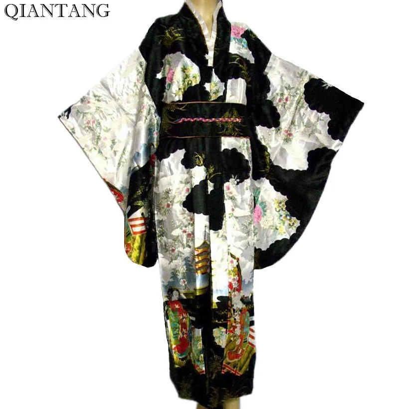 

Black Japanese Women's Kimono Print Rayon Yukata Haori With Belt Cardigan Samurai Costume Cosplay Clothing Mujeres Quimono