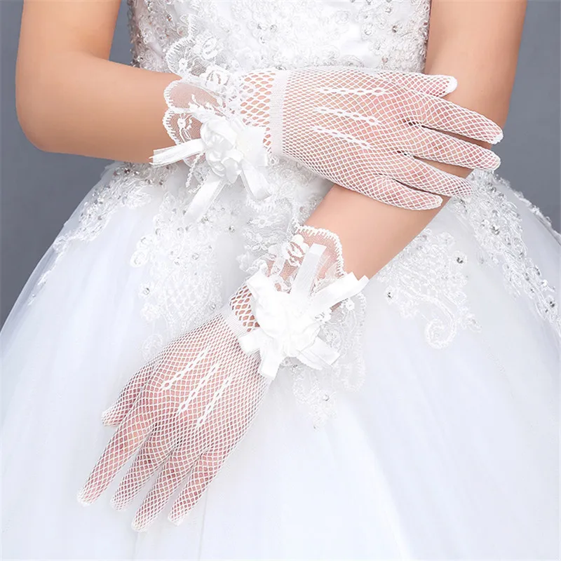 JaneVini-guantes nupciales blancos elegantes para mujer, manoplas cortas de encaje, de dedo completo, longitud de muñeca, accesorios de boda, 2019