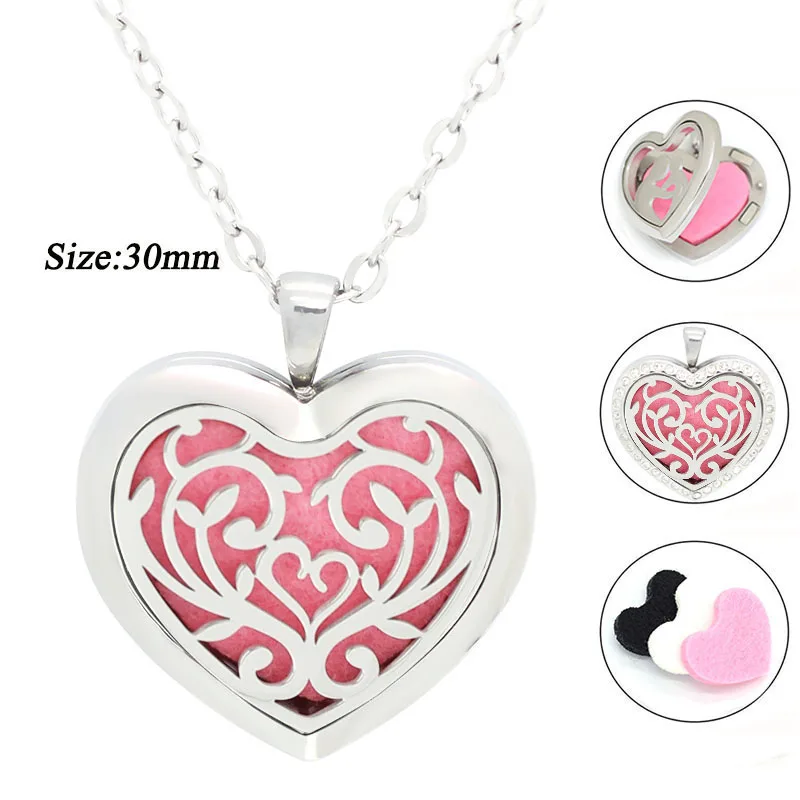 30mm magnetic Life of Flower perfume locket oil diffuser necklace with crystals 316 stainless steel heart shape pendant