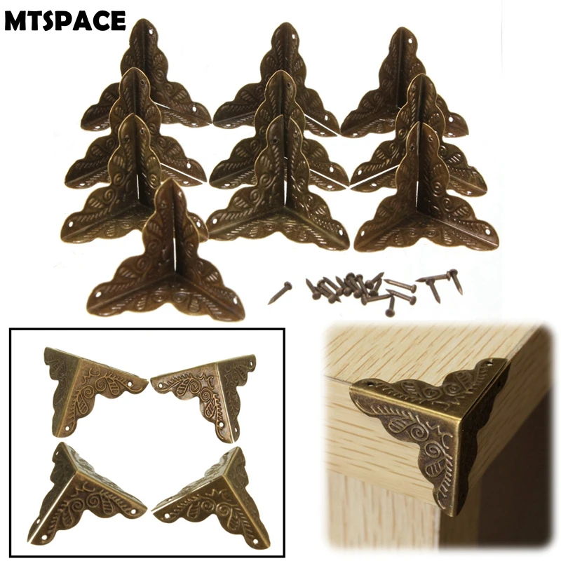 MTSPACE 10pcs/Set Antique Jewelry Box Corner Foot Wooden Case Corner Protector Bronze Tone Flower Pattern Carved Metal Crafts