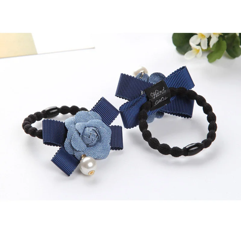 Fashion Korea Hair Accessories Rose Flower Denim Rubber Elastic Hairbands For Girl Women Ponytail Holder High Quality Headwear