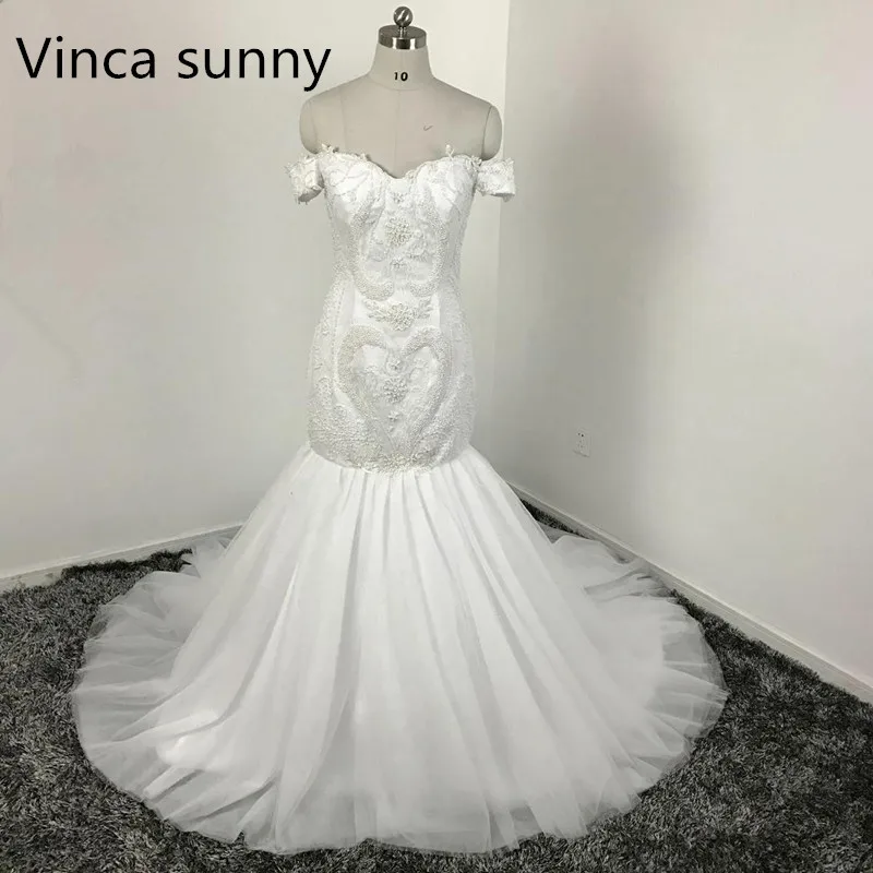 

Africa Luxury White Pearl Lace Mermaid Wedding Dresses Sweetheart Off The Shoulder Bridal Gown Plus size ​Robe De Marié