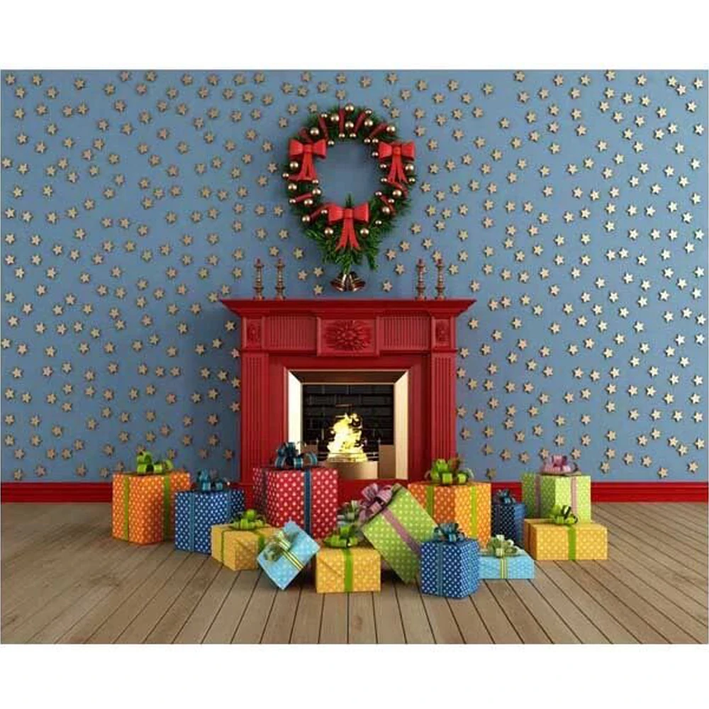 

Blue Wall Stars Baby Kids Christmas Backdrop Wood Floor Printed Garland Fireplace Gift Boxes Indoor Party Photo Booth Background