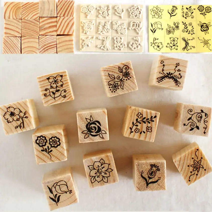 12Pcs Flowers Floral Wood Stamps DIY Wooden Rubber Stamp Rose Flower Letters Diary Craft Card Stamps Set for Scrapbooking