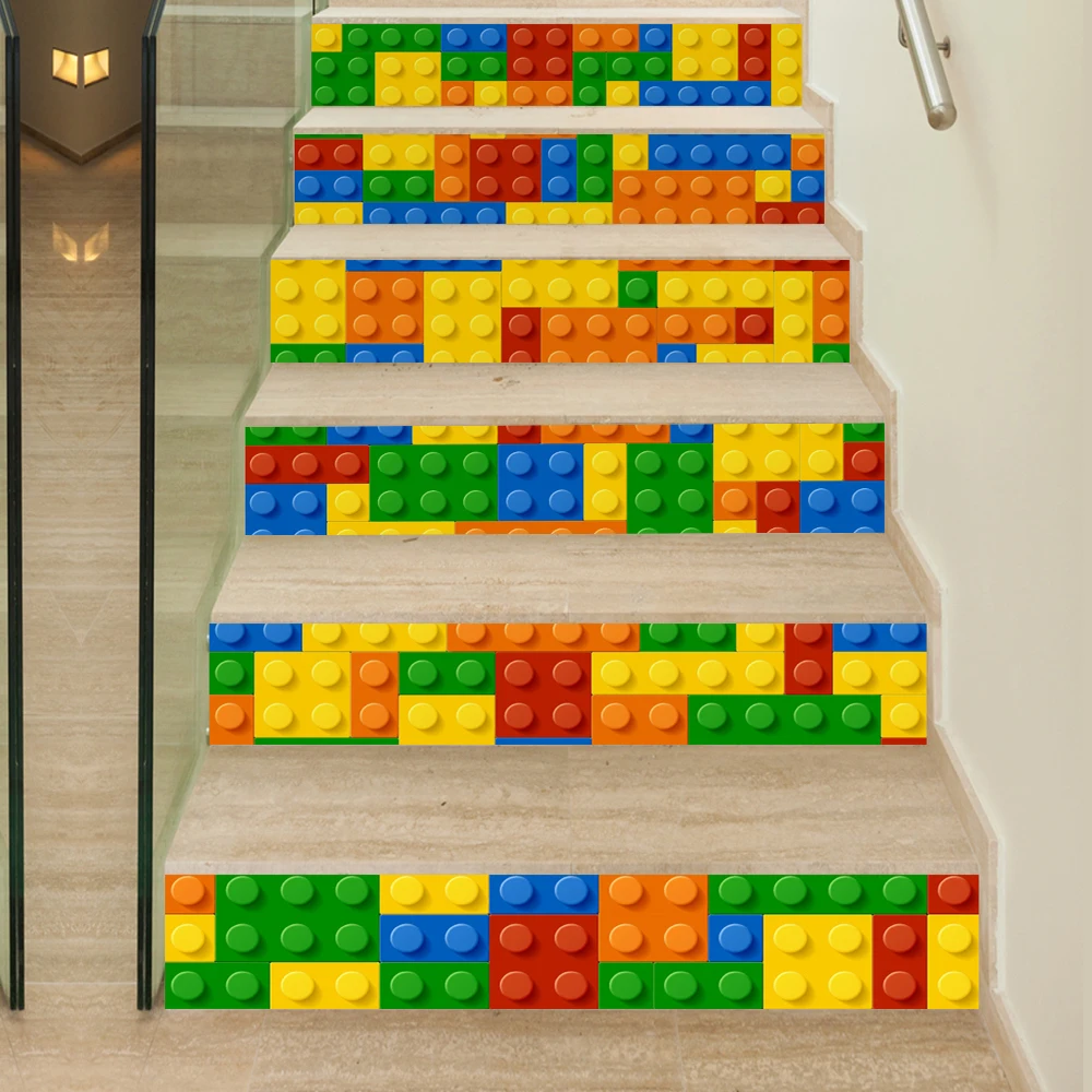 6 Pieces/Set Creative DIY 3D Stairway Stickers Lego Blocks Pattern for Room Stairs Decoration Home Decor Floor Wall Sticker