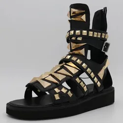 Herren Gladiator Sandalen Hohl Plattform Nieten Punk Sandalen Aus Echtem Leder Sommer Stiefeletten Schwarz Strand Sandalen