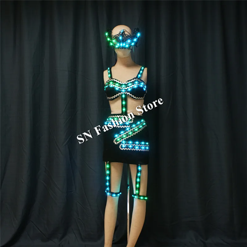 TC-188 Programmable full color women sexy dance led costumes luminous light bra skirt with mask dj wears stage dresses clothes