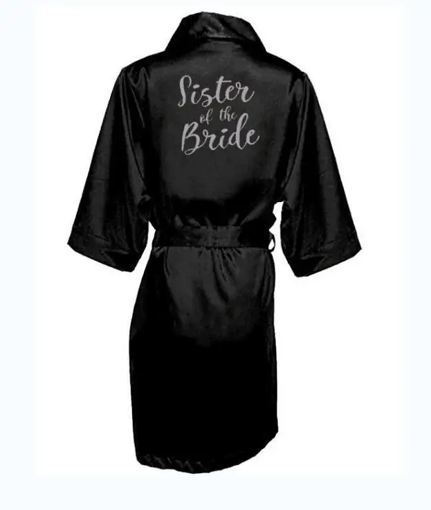 black robe silver grey writing sister of the bride satin robe bridal party getting ready robes wedding bridesmaid gift