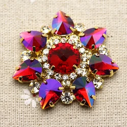 43mm Red Flower Shape Sew On Rhinestone With Claw Setting Gold Back Fancy Stone Rhinestone applique Buttons For Dance clothes