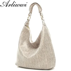 Arliwwi-Bolsa de ombro serpentina brilhante de couro genuíno para mulheres, bolsa grande em relevo 100% real de cobra, bolsas casuais, grande