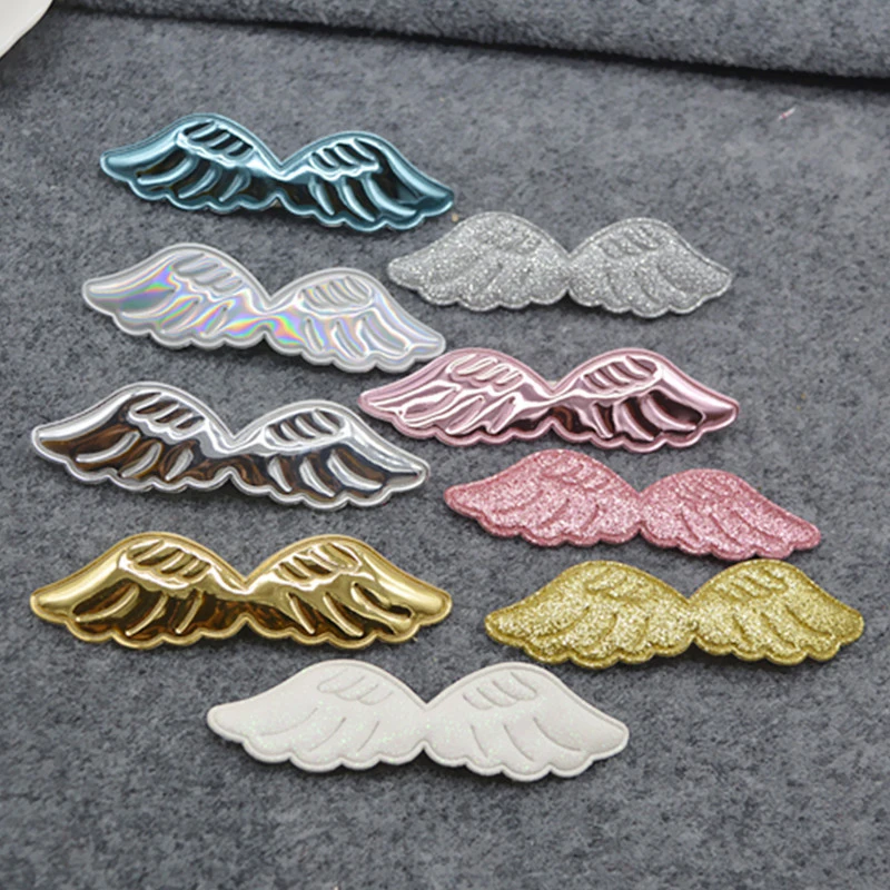 18pcs/lot 10.5*3cm Glitter PU angel wing Pads Patches Appliques for Craft Clothes Sewing Supplies DIY Hair Clip Accessories