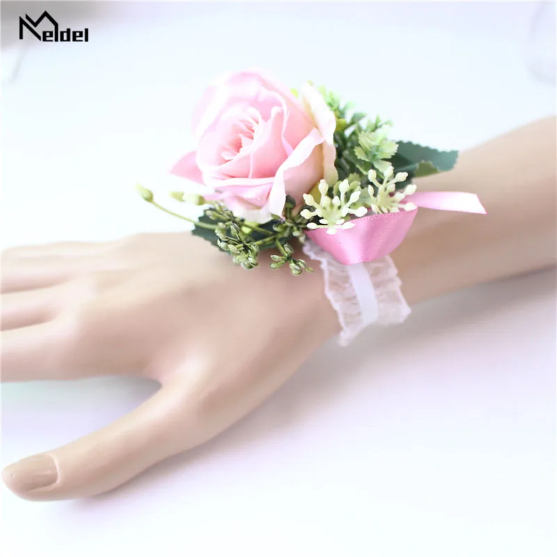 Meldel-ramillete y Boutonniere para novio, Pin de solapa, ramillete de muñeca nupcial, pulsera de dama de honor rosa, decoración Floral Personal para fiesta y boda