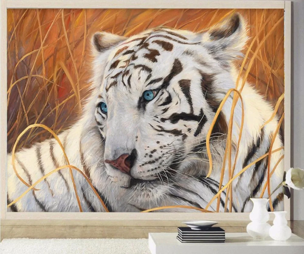 

Custom wallpaper white tiger painting background wall living room bedroom murals home decoration 3d wallpaper mural