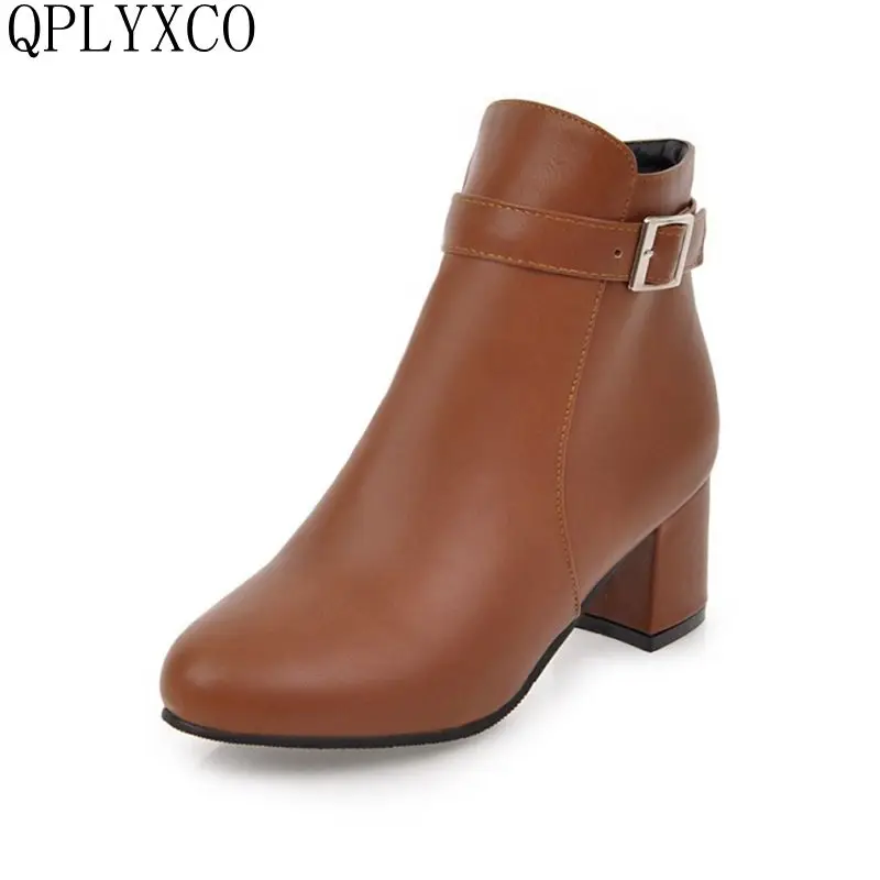 QPLYXCO Ankle Boots Women New Fashion High Heels Round Toe Zip Big Small Size 31-45 Spring Autumn Winter Zipper Short Boots 3-9
