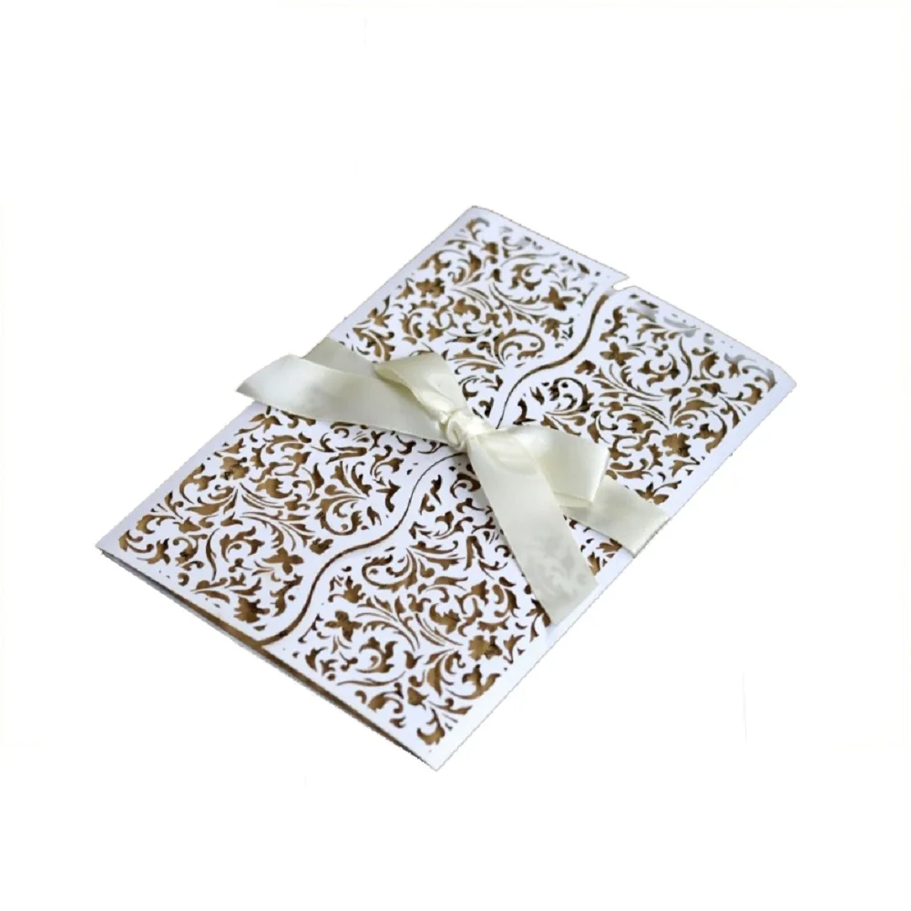 

50pcs White Laser Cut Engagement Wedding Invitations Card Lace Hollow Greeting Cards Invites with Ribbon Party Favors