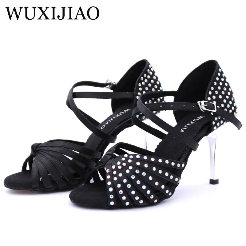 WUXIJIAO Satin Upper Rhinestones Sandals Dance Shoes Latin Ballroom Shoes Women Gold Heel 85mm Girls Dance Shoes Latin