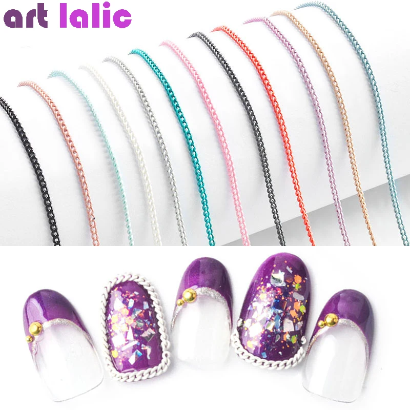 Delicate Nail Art Metal Chain Ultra Fine Zipper 3D Ornaments Manicure Decorations Rock Punk Style 12 Colors 50cm New