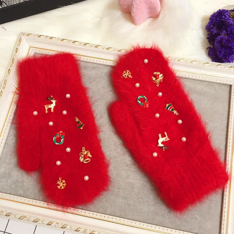 Merry Christmas Gift Women Winter Gloves Fashion Ornaments Knit Gloves Rabbit Fur Gloves Color Fur Gloves Female