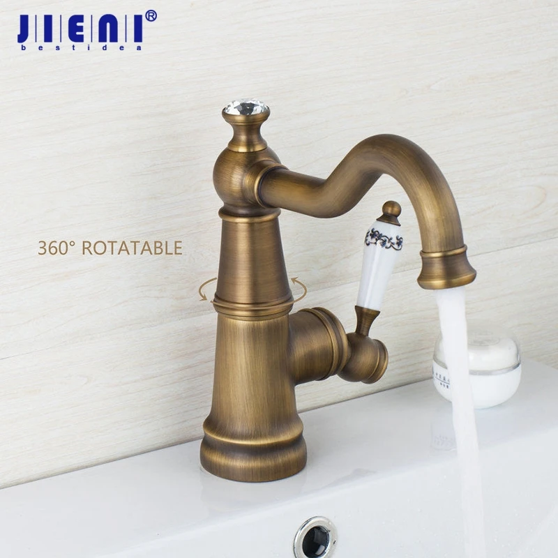 

JIENI Short Antique Brass Swivel 360 Rotated Stream Spout Deck Mount Ceramic Single Handle Sink Kitchen Diamond Tap Mixer Faucet