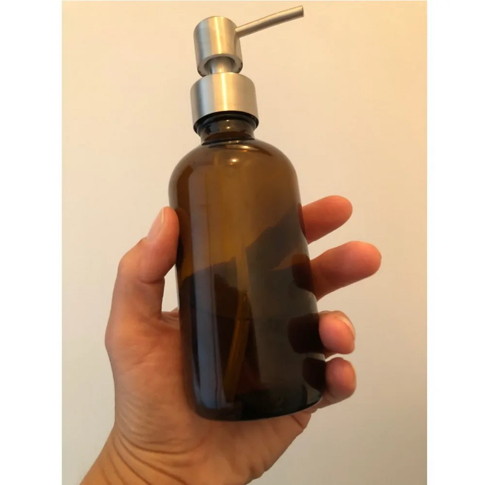 8 Oz Large 250ml Liquid Soap Dispensers with Stainless Steel Pump for Essential Oils Homemade Lotions Shampoo Amber Glass Bottle