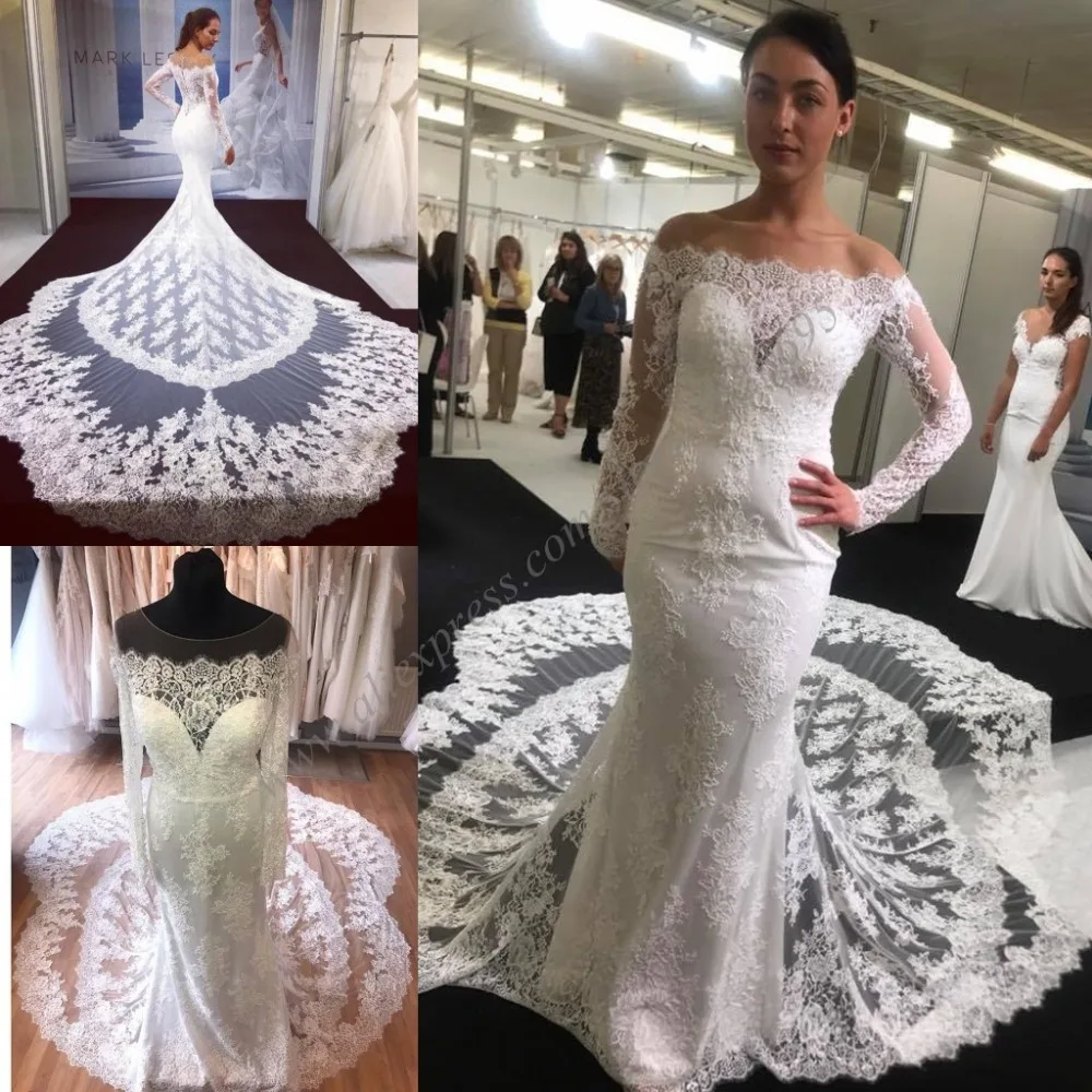 Lace Mermaid Wedding Dresses 2019 Cathedral Train Off the Shoulder Fit and Flare vestido de noiva Romantic robe de soiree