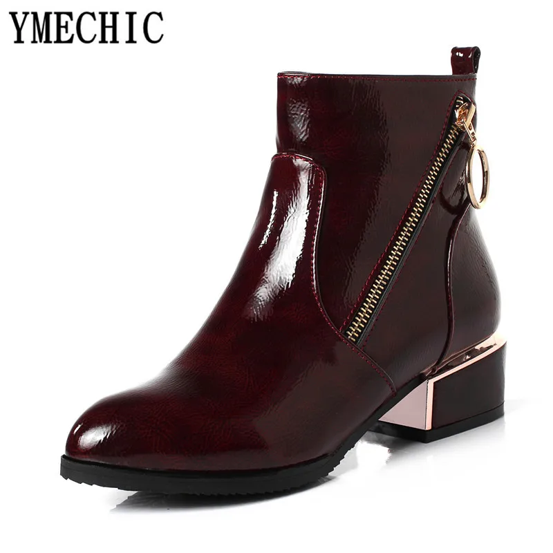 YMECHIC Fashion Pu Patent Leather Ankle Booties 2023 Woman Blue Black Wine Red Zipper Medium Chunky Heels Ladies Shoes Plus Size