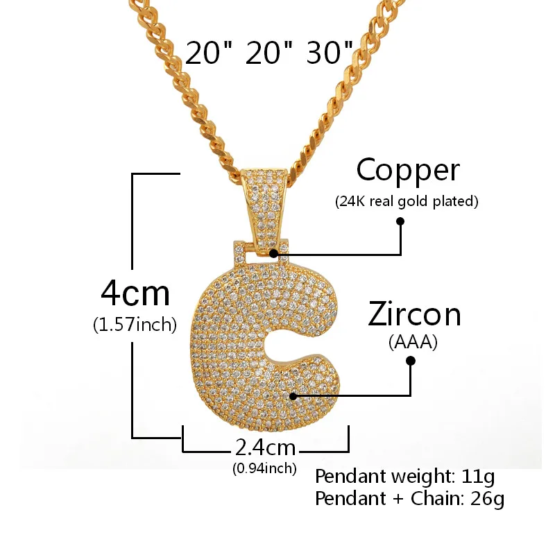 Bubble Letter A-Z Single Necklaces & Pendant Chain For Men Women Gold Color Cubic Zircon Hip Hop Jewelry Gifts