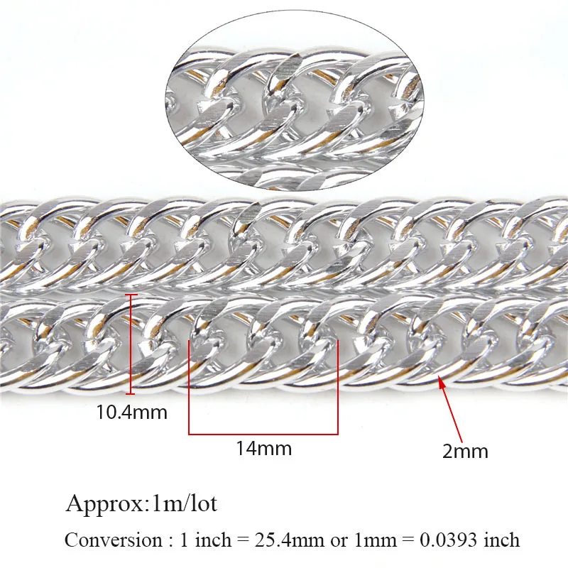 Dense Aluminum Metal Silver  Curb Chains Bulk Fit Bracelets Findings Double Open Link Chain For DIY Jewelry Making  2x10.4x14m